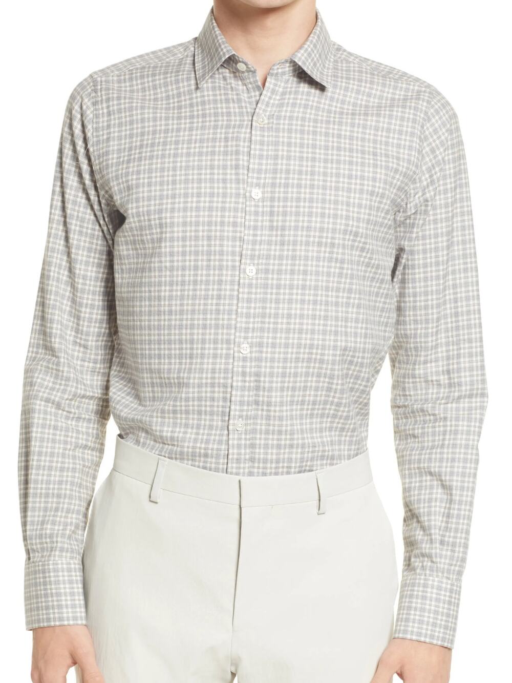Canali Plaid Button-Up Shirt in Light Grey, Size S